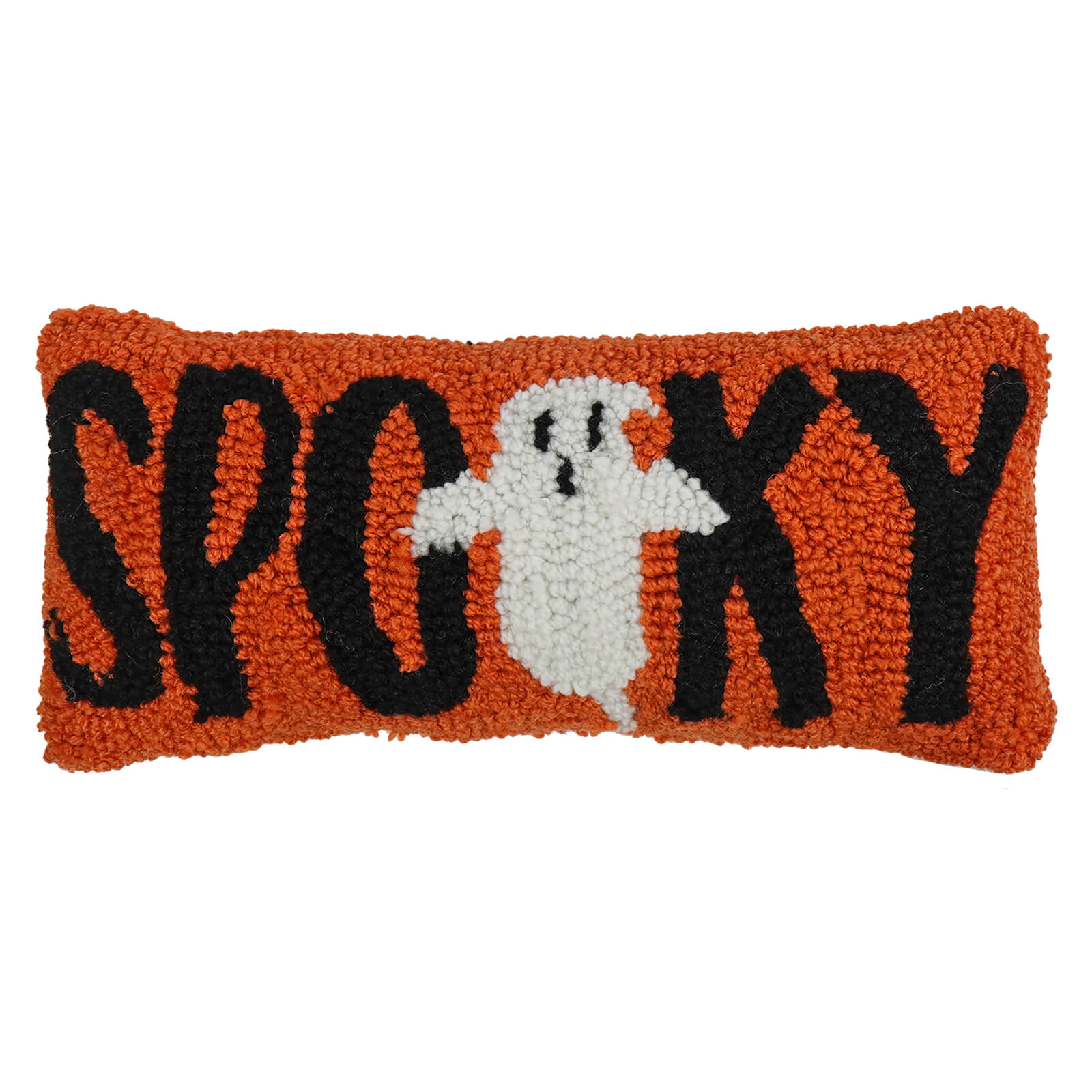11 inch spooky ghost pillow in orange textured fabric with black spooky lettering and white ghost design for figural decor