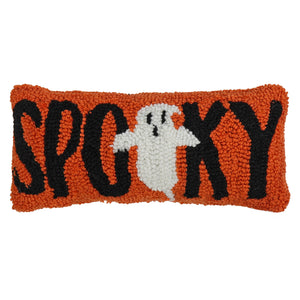 11 inch spooky ghost pillow in orange textured fabric with black spooky lettering and white ghost design for figural decor