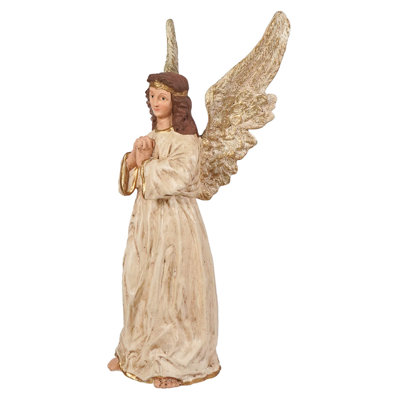 11 inch vintage angel tree topper with brown hair gold trimmed wings and robe in prayer pose for glinting star tree topper decor