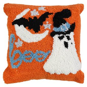 Orange halloween hooked acrylic pillow with white ghost black bats and ghost text perfect jack-o-lantern pillow