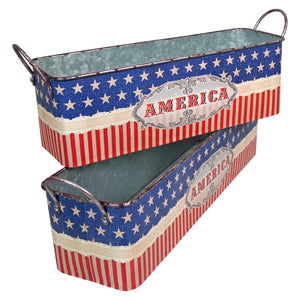Galvanized metal americana nesting buckets set of 2 with distressed red white and blue and america label, 12 to 15 inches
