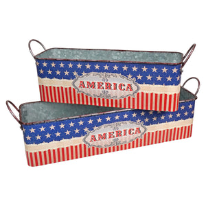 Rectangular nesting galvanized metal americana buckets set of 2 with distressed american flag design in red white and blue