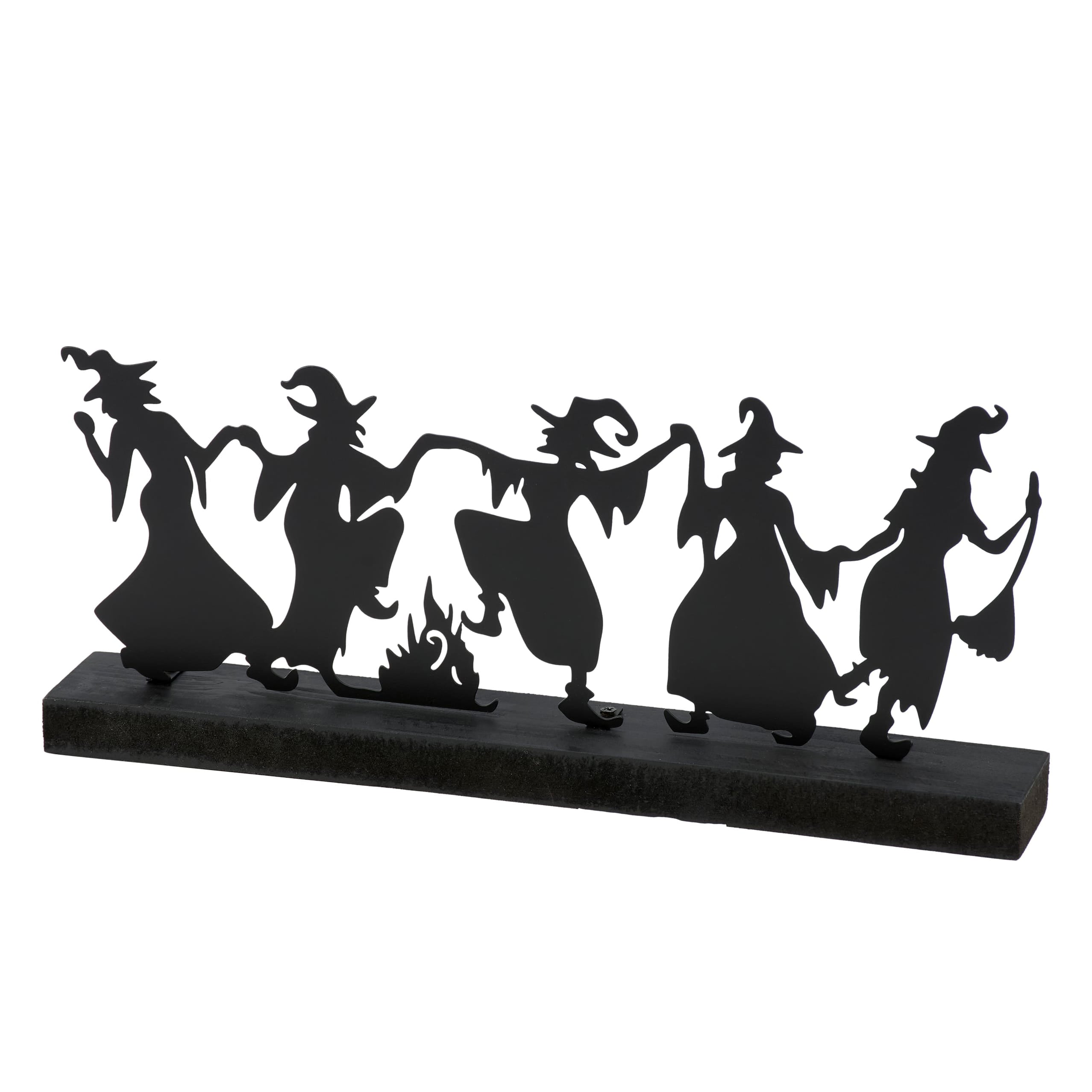 Black metal silhouette dancing witches sitter sculpture with fire pit seasonal candle holder from kathys halloween collection