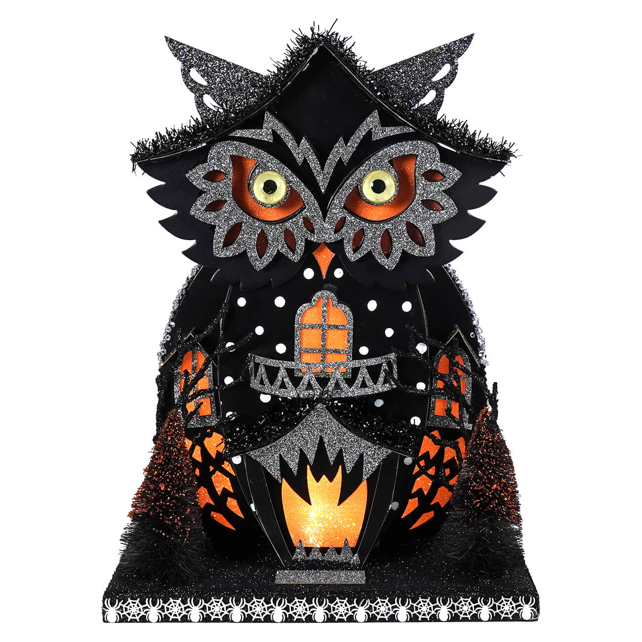 12.5 inch black glittery led lighted owl haunted house with glowing orange windows perfect for halloween lights & decor