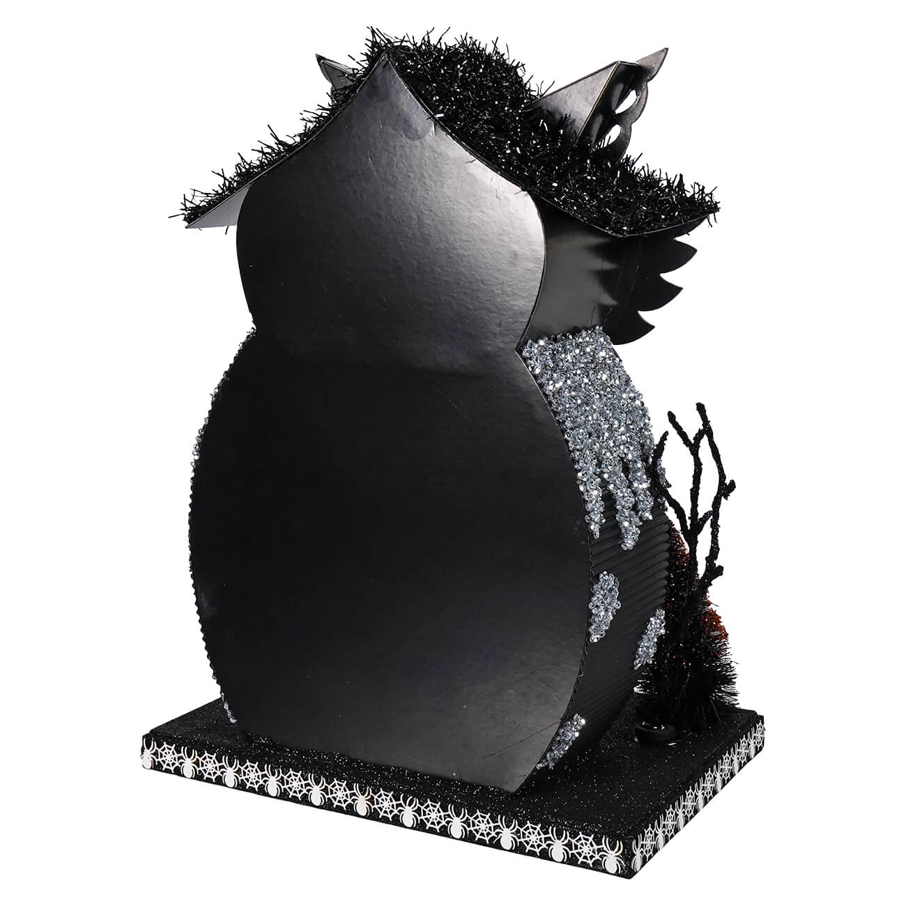 Black halloween-themed owl decoration with silver glitter and spiky hat for lighted haunted village setup