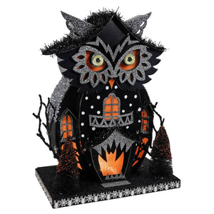 12.5 inch black and orange glittery owl figurine with glowing eyes on spiderweb base for lighted haunted village decor