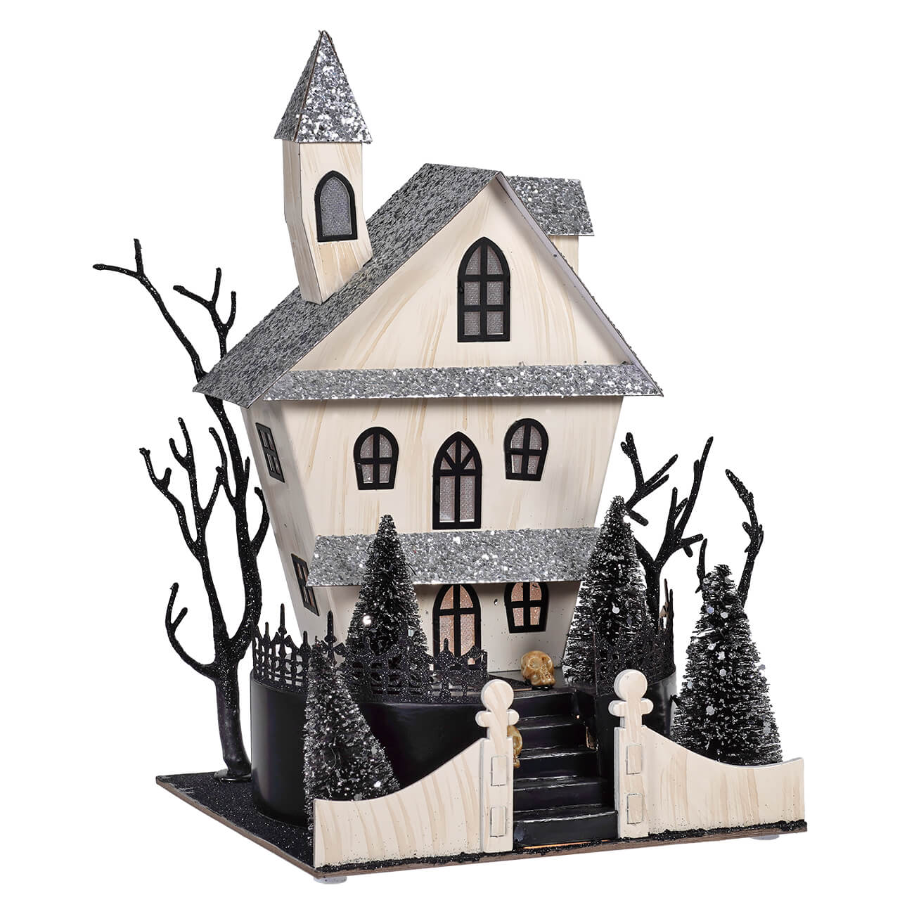 12.5 inch led lighted spooky halloween haunted house ornament with glittery roof bare trees and miniature pine trees