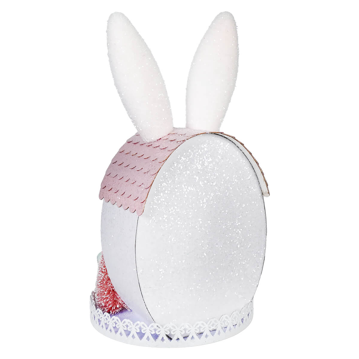 White glittery bunny ears house decorative box with pink scalloped trim and lace base lighted led pink purple easter bunny