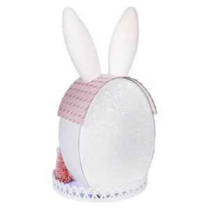 White glittery bunny ears house decorative box with pink scalloped trim and lace base lighted led pink purple easter bunny