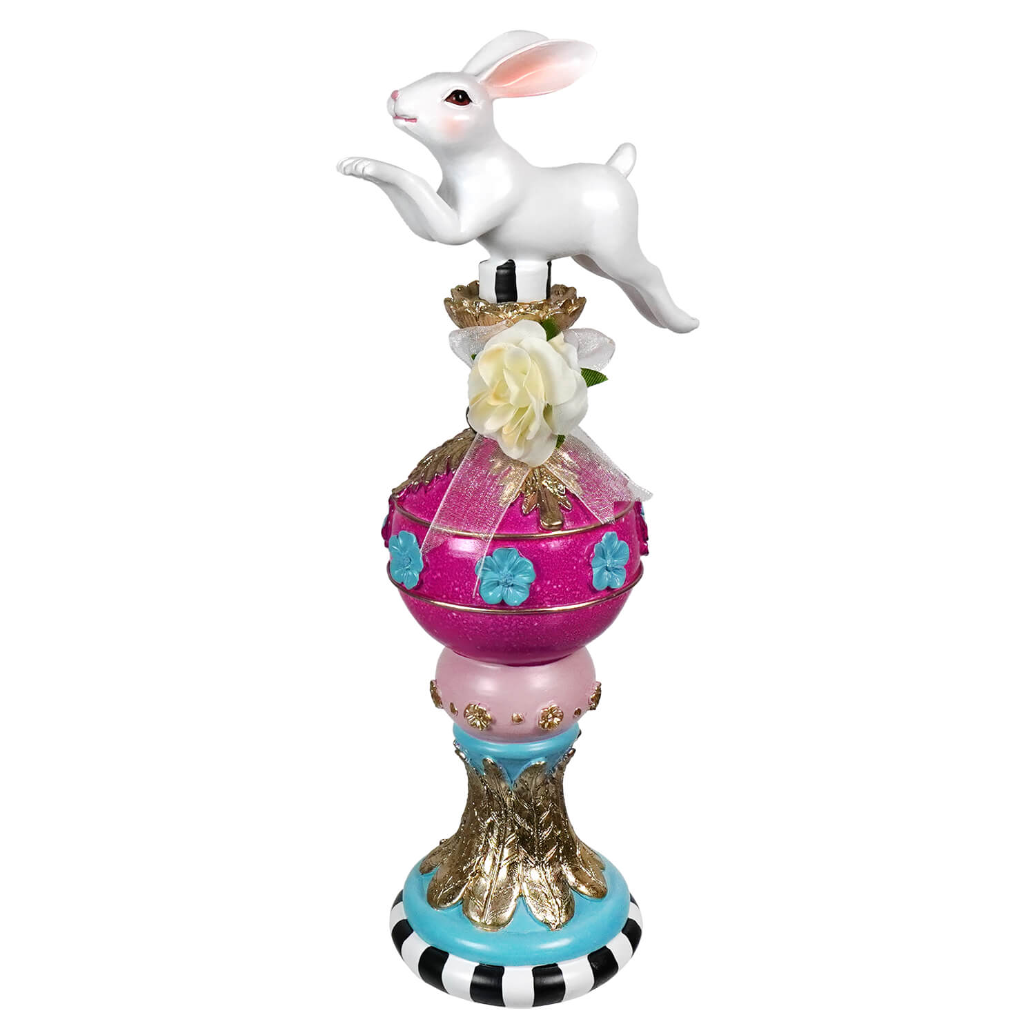 12.5 inch vibrant resin easter topiary with whimsical white bunny on pink glittery egg with blue flowers vintage easter bunny figural decor