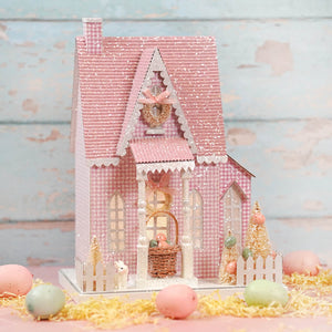 Lighted 12.75 inch LED pink spring house with glittery roof white trim and timer perfect for easter and spring tabletop decor