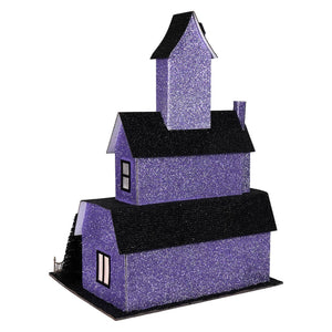 12.75 inch lighted purple haunted house with black roof and chimney perfect for halloween lights and decor