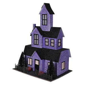 Lighted purple haunted house with glitter finish black roof windows miniature trees and fence for halloween village houses & accessories