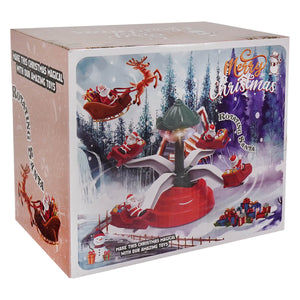 12 inch animated musical and lighted christmas art deco table piece with red and green rotating santa toy and festive sleighs in christmas village scene