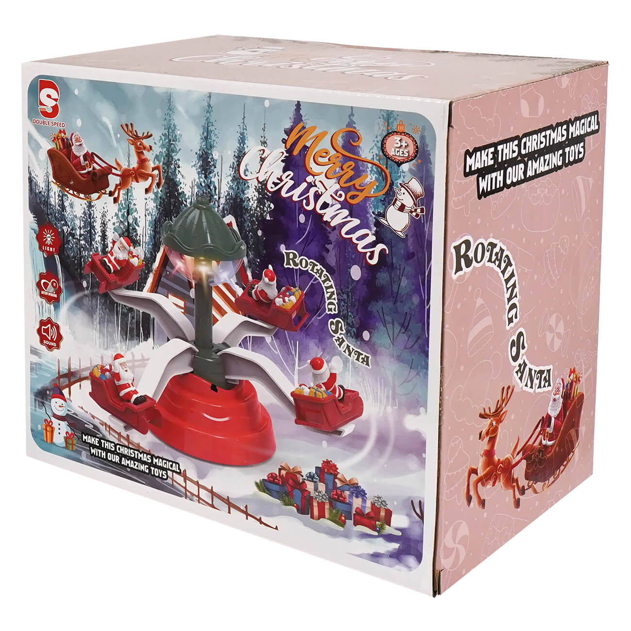 12 inch red plastic animated village santa table piece with rotating sleighs and light up musical christmas village scene