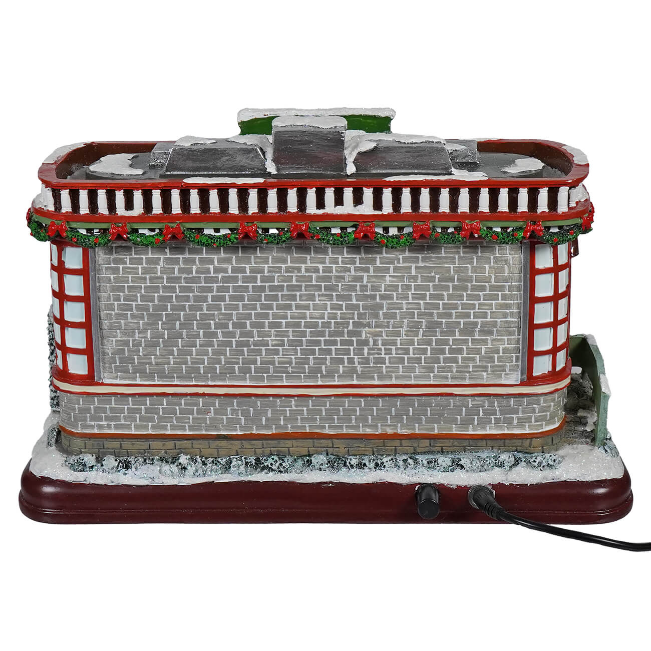 12 animated winter scene diner with red and gray brick style, snow dusted roof, garland, lights, and classic christmas tunes