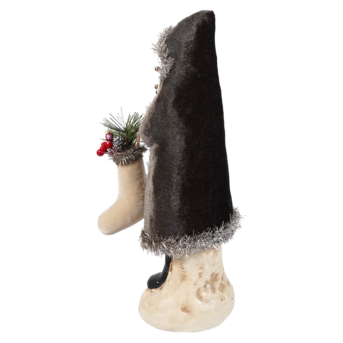 12 inch charcoal velvet belsnickle figurine with silver tinsel trim holding festive stocking with pine and berries