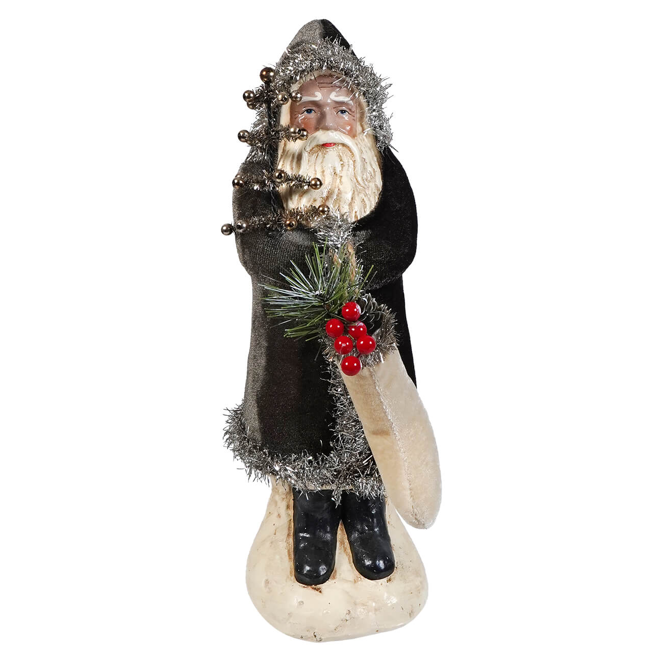 Black santa claus figurine with silver tinsel trim white beard and red berries on greenery charcoal velvet belsnickle