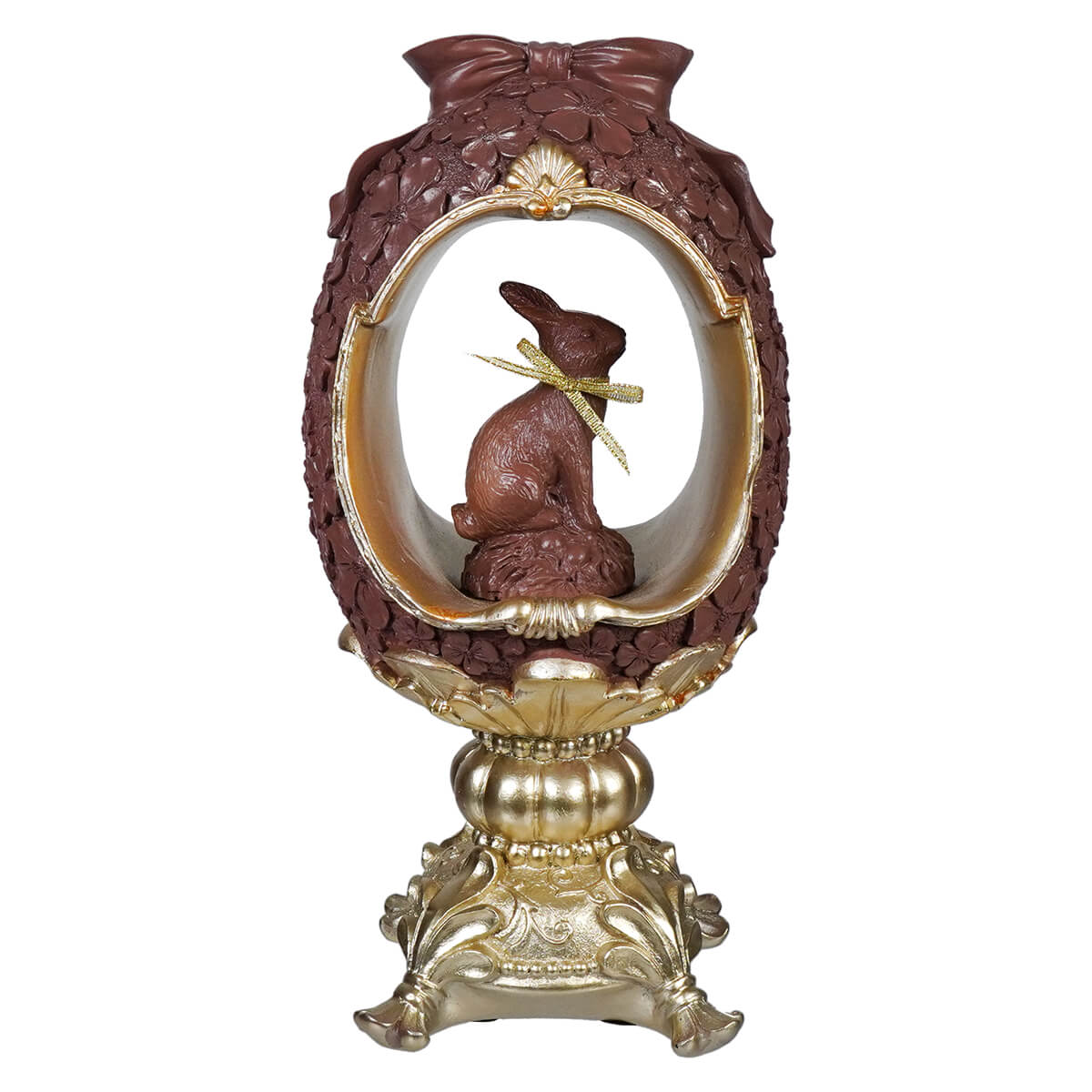 12 inch gold and chocolate bunny and egg pedestal with decorative easter egg and vintage easter bunny figural decor