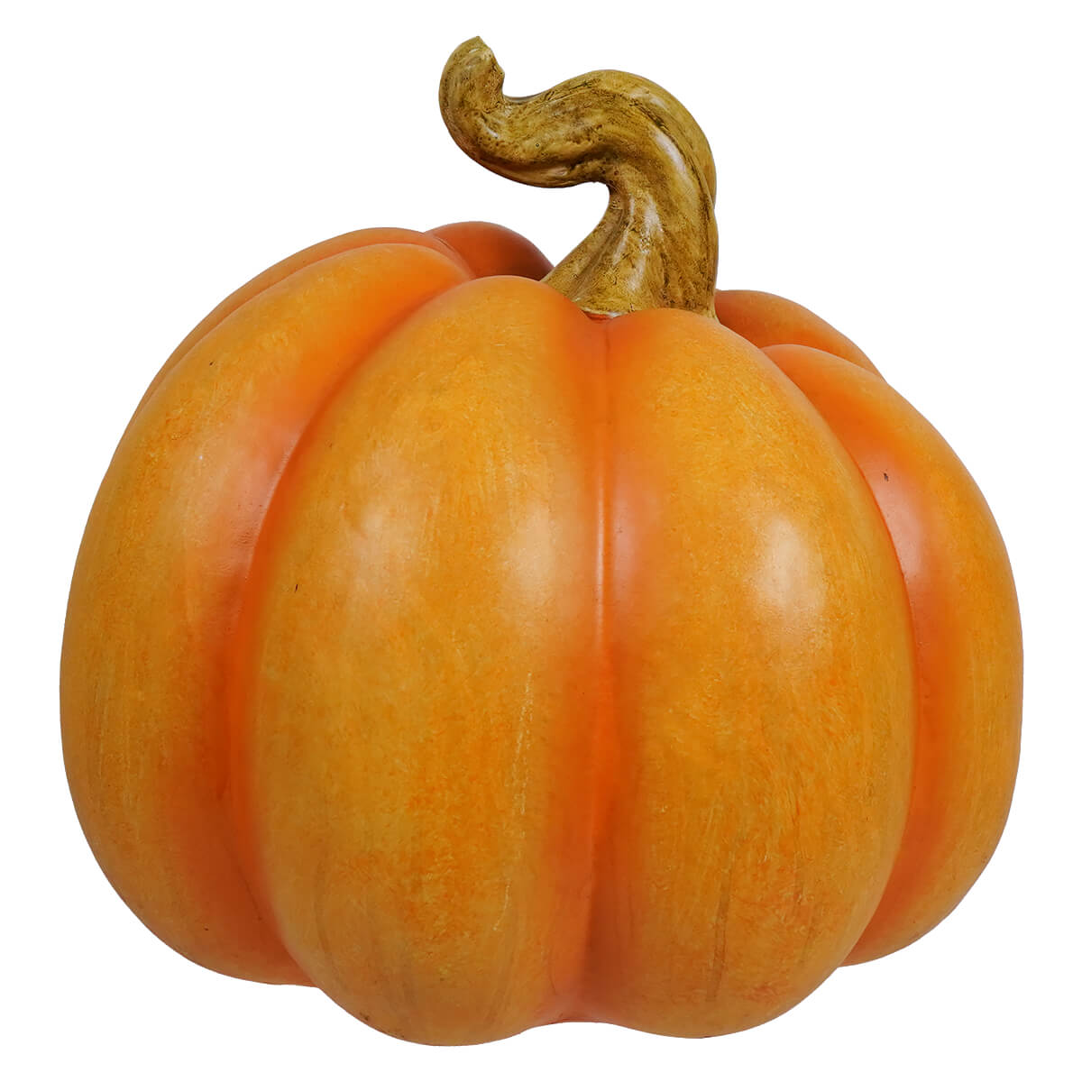 Glossy orange large squishy face character pumpkin with a curved textured stem made of hand-painted resin