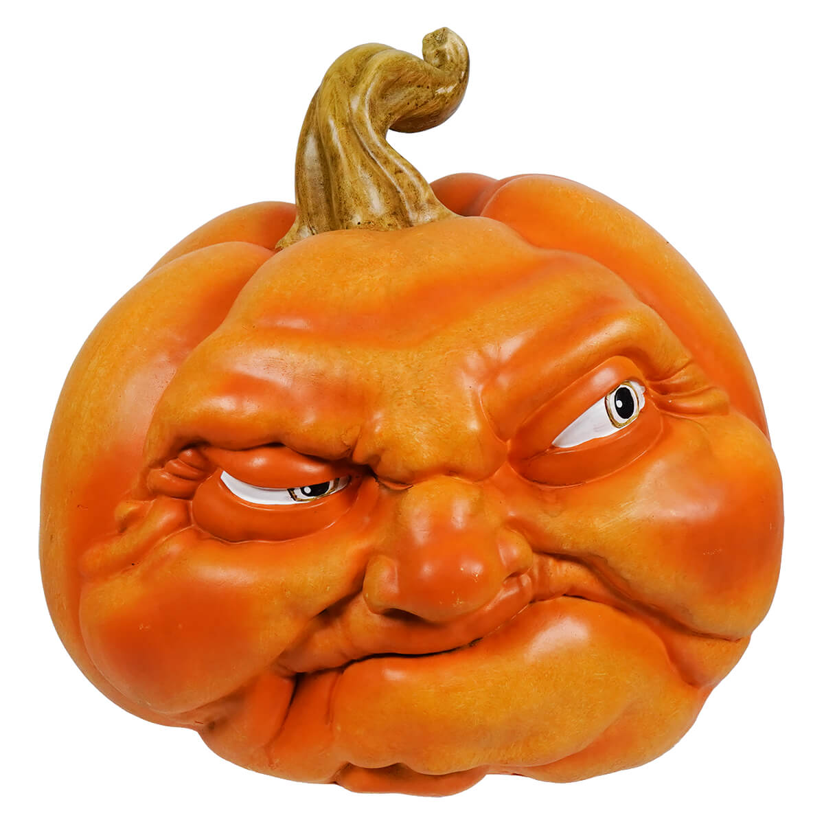 12 inch large squishy face hand-painted resin orange face character pumpkin with grumpy expression and twisted green stem