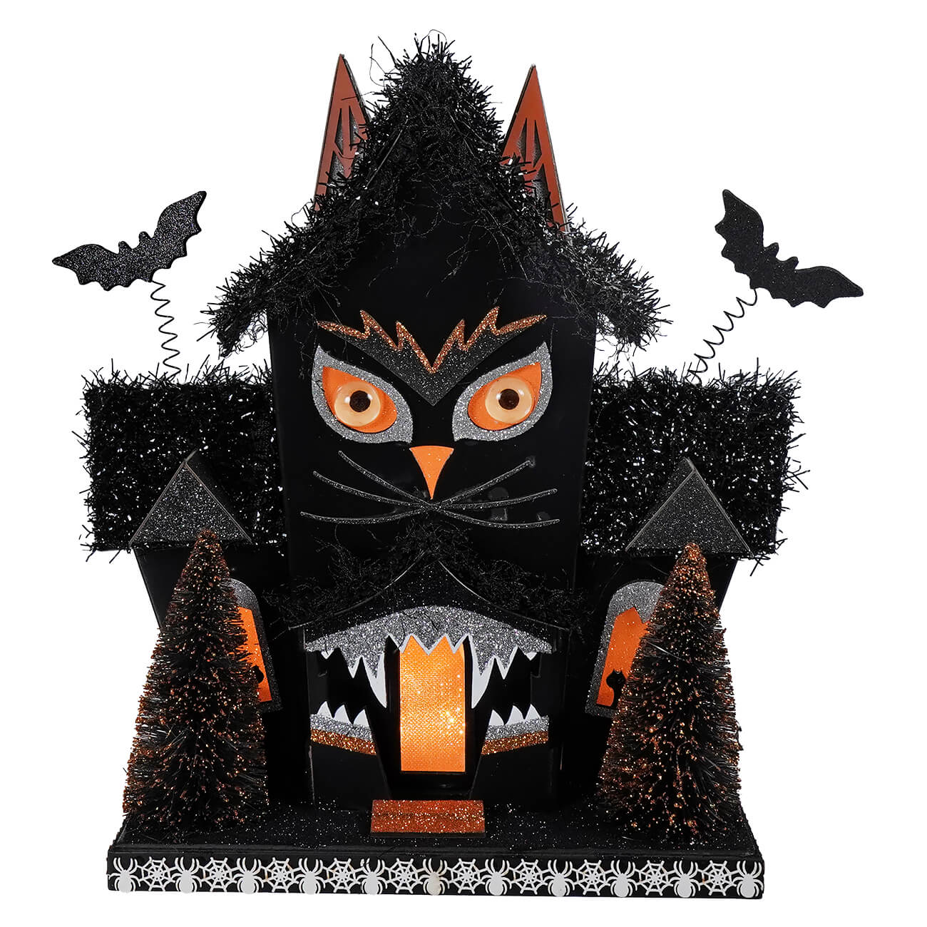 Black led lighted owl haunted house shaped like a cat with glowing orange eyes bats and bottle brush trees