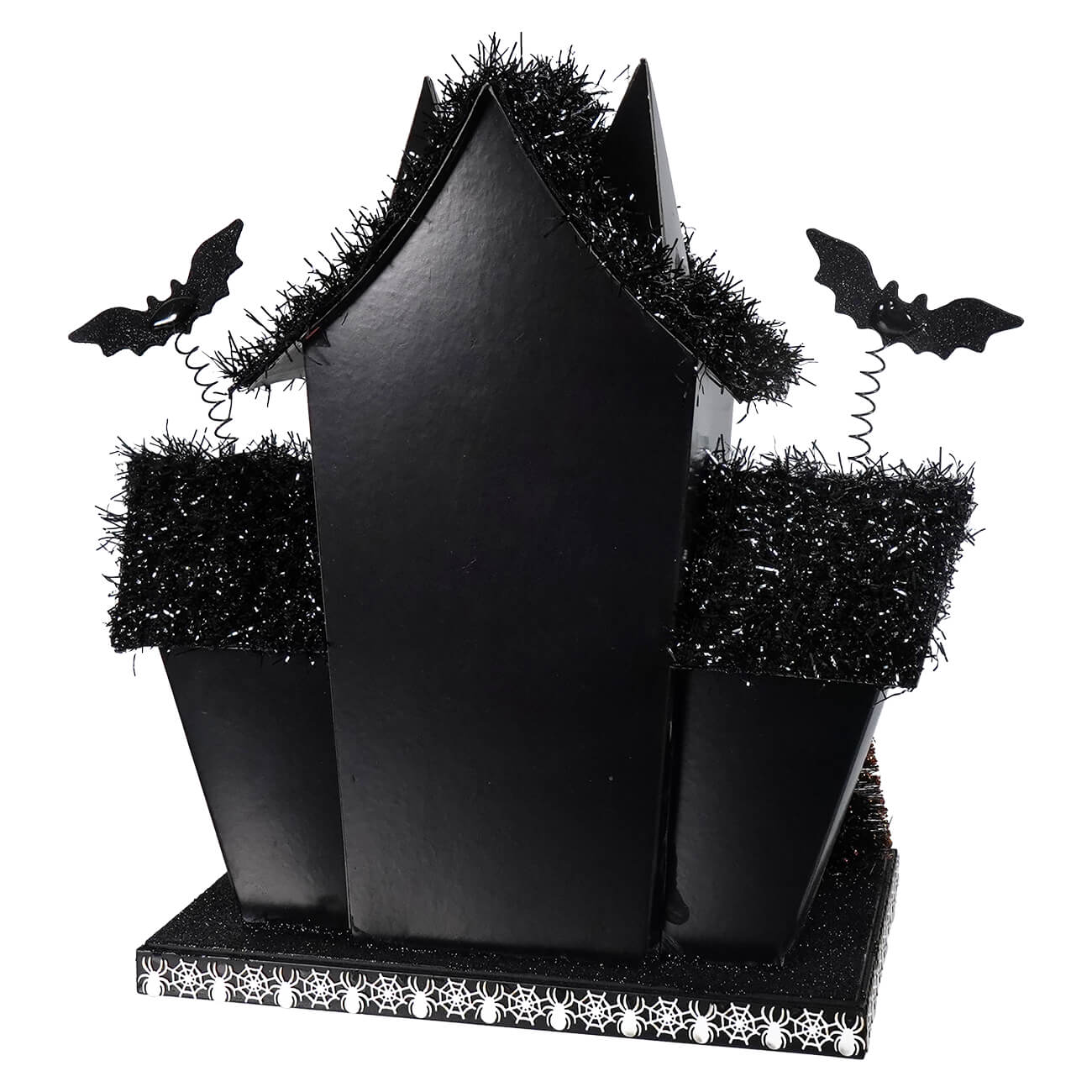 Black halloween-themed led lighted owl haunted house centerpiece with spooky design glittery tinsel and bat accents