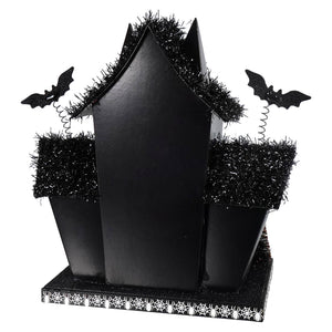 Black halloween-themed led lighted owl haunted house centerpiece with spooky design glittery tinsel and bat accents