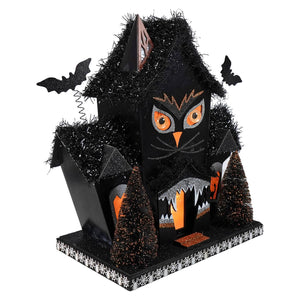 12 inch black owl haunted house ornament with glitter tinsel roof orange glowing eyes and miniature pine trees with led lights