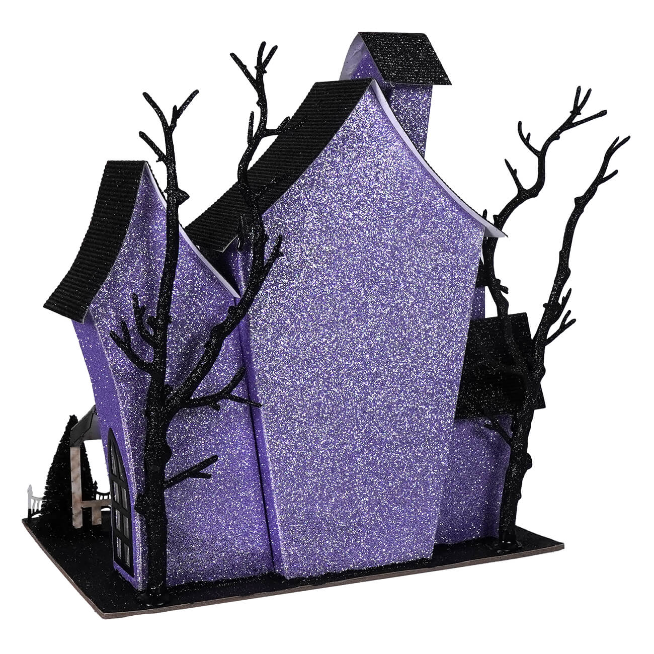 12 inch lighted purple haunted house with glittery finish black roof and bare tree silhouettes for halloween lights and decor