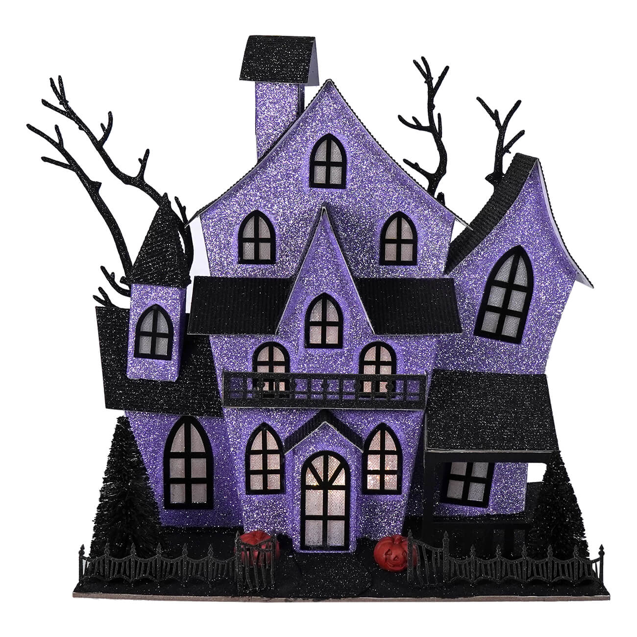 12 inch lighted purple haunted house with glittery black details bare trees and fence for halloween lights and decor