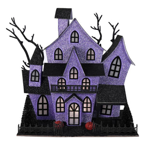 12 inch lighted purple haunted house with glittery black details bare trees and fence for halloween lights and decor