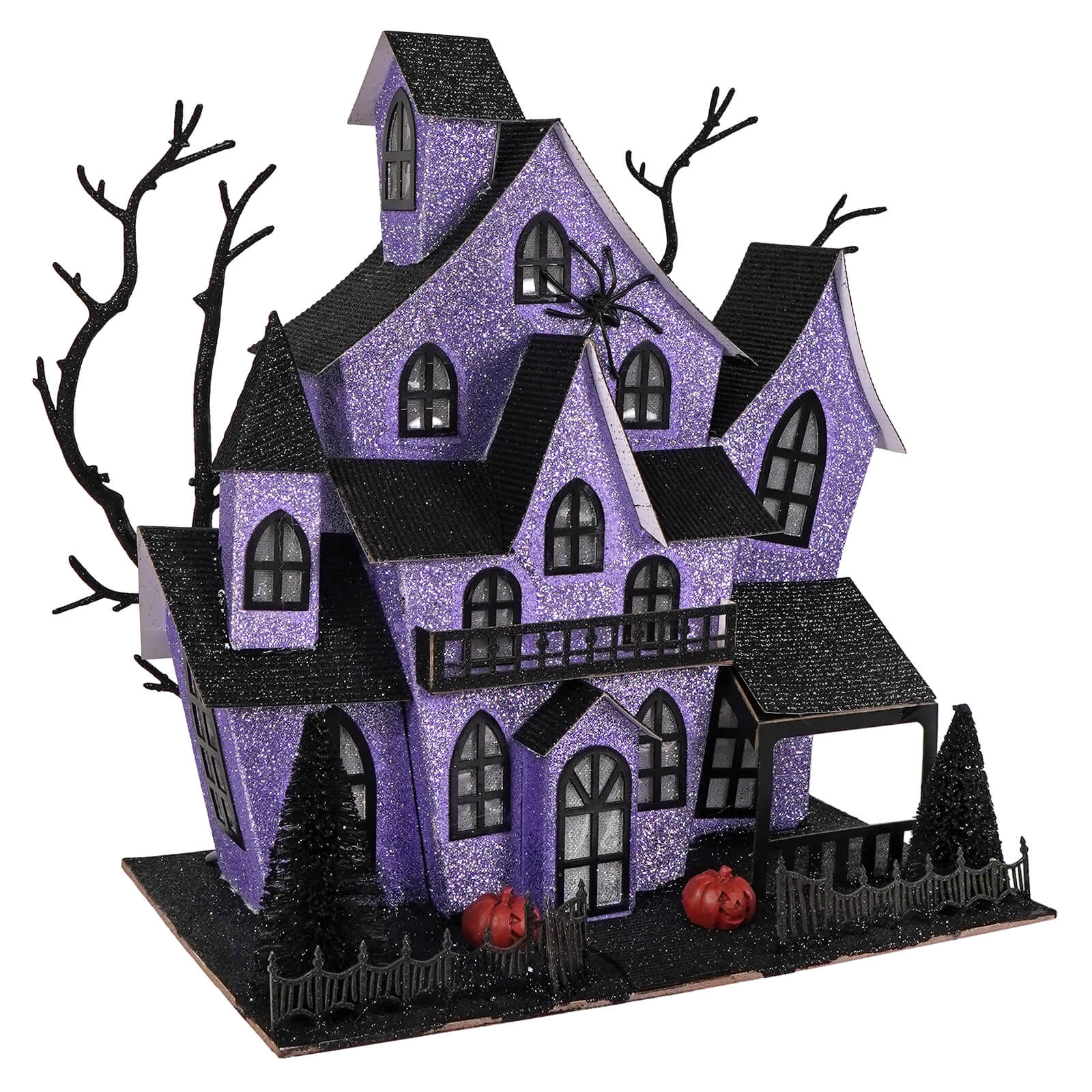 12 inch lighted purple haunted house with glittery finish black roof windows and halloween lights and decor accents