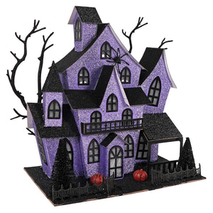 12 inch lighted purple haunted house with glittery finish black roof windows and halloween lights and decor accents