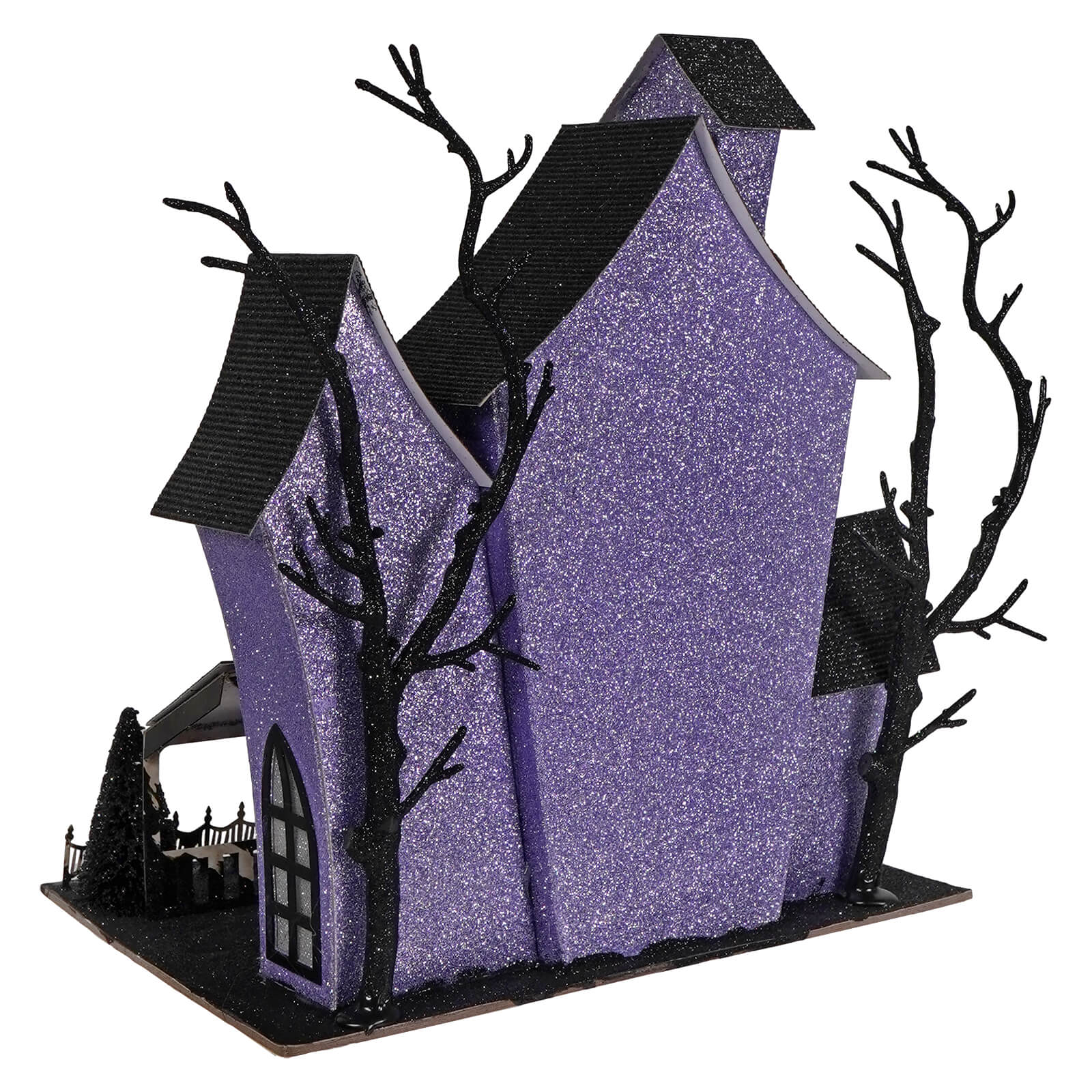 12 inch lighted purple haunted house with glittery finish black roof and bare tree halloween lights and decor