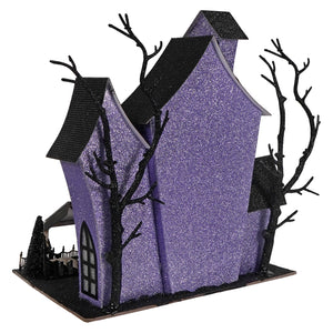 12 inch lighted purple haunted house with glittery finish black roof and bare tree halloween lights and decor