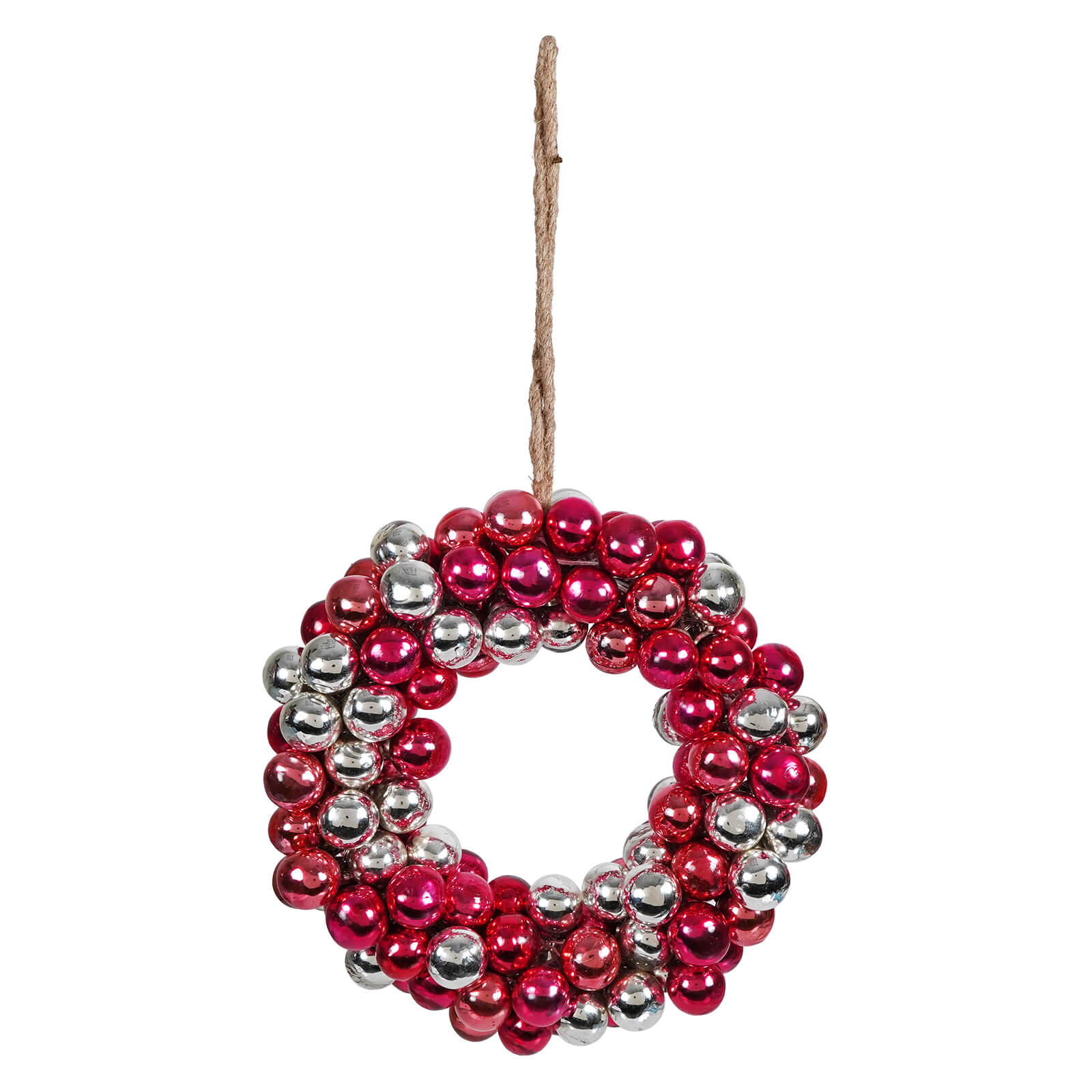 12 inch round glass wreath with red pink and silver finish glass ball ornaments hanging from rustic twine loop
