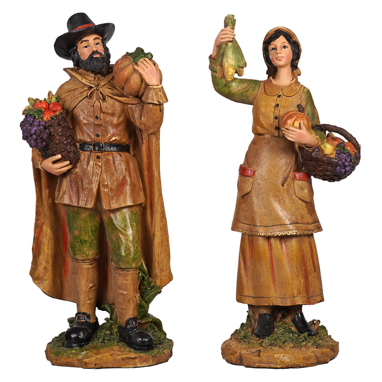 Two rustic painted resin harvest pilgrim figurines of a man and woman from regency international thanksgiving collection