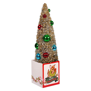 12 inch retro reindeer gift box with a festive glittery gold ornamented tree and figural christmas icon ornaments