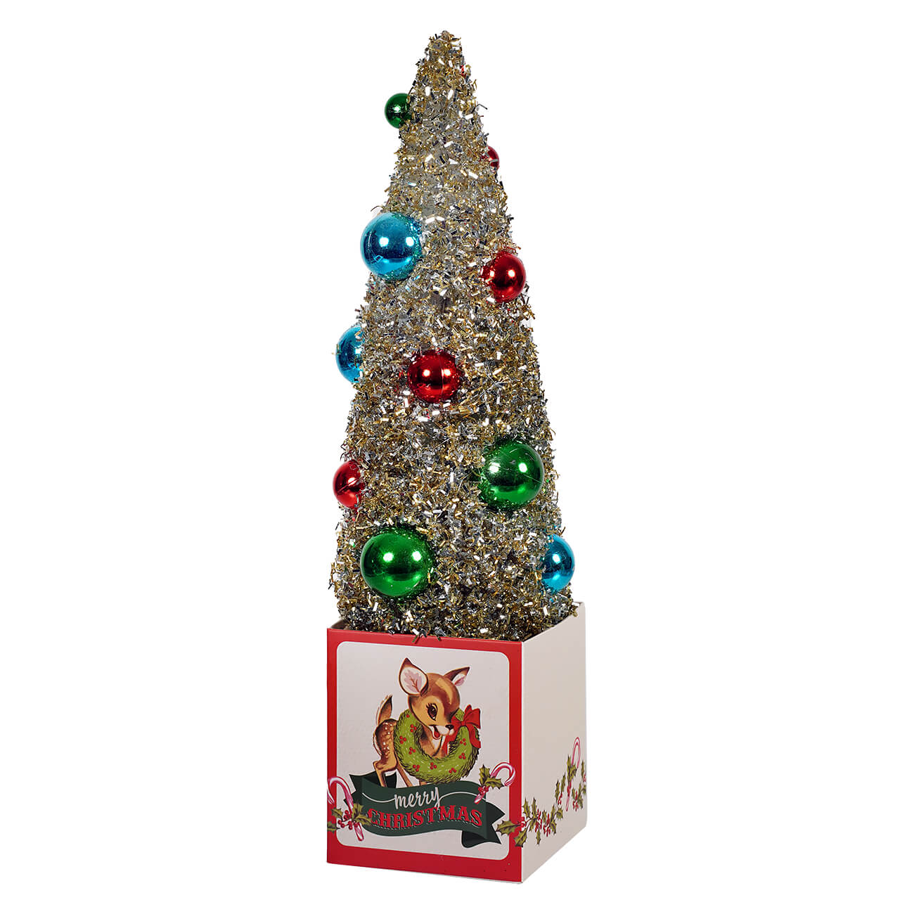 A 12 inch retro reindeer gift box with a silver glittery ornamented tree and shiny figural christmas icon ornaments