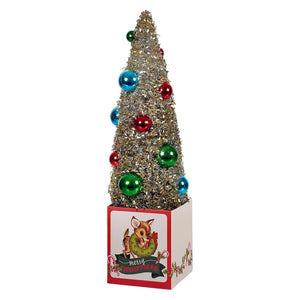 A 12 inch retro reindeer gift box with a silver glittery ornamented tree and shiny figural christmas icon ornaments
