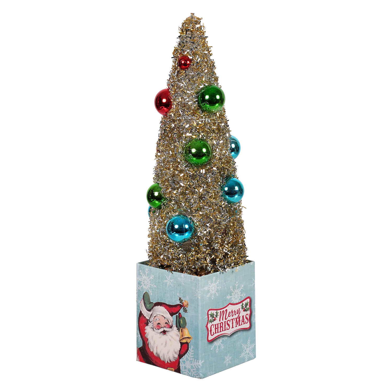 12 inch retro santa gift featuring a gold tinsel ornamented tree with red green and blue figural christmas icon ornaments