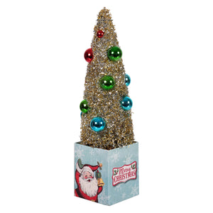 12 inch retro santa gift featuring a gold tinsel ornamented tree with red green and blue figural christmas icon ornaments