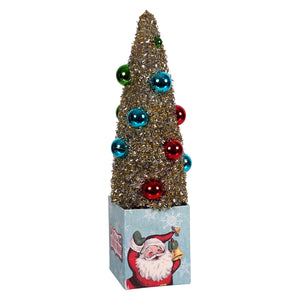 12 inch retro santa gift box with a glittery gold ornamented tree and shiny red and blue figural christmas icon ornaments