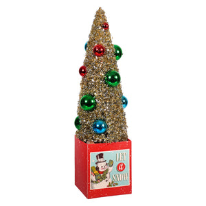 12 inch retro snowman gift box with a gold tinsel tree and figural christmas icon ornaments in red, green, and blue