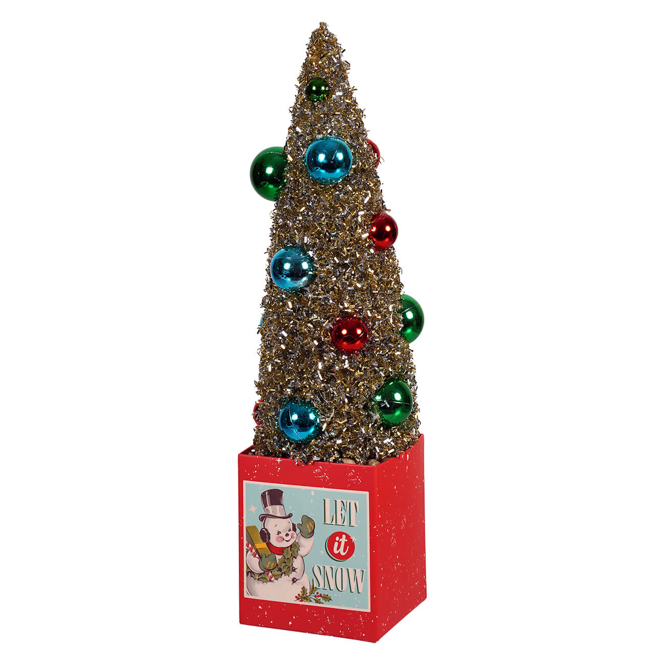 A 12 inch retro snowman gift box with a festive gold tree decorated with shiny red and green figural christmas icon ornaments