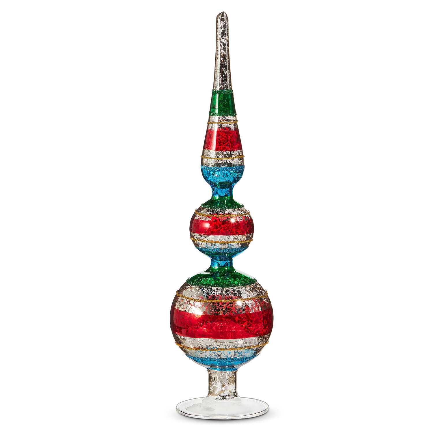 12 inch striped red green and blue vintage glass finial tree topper for holiday decor and tree toppers and finials