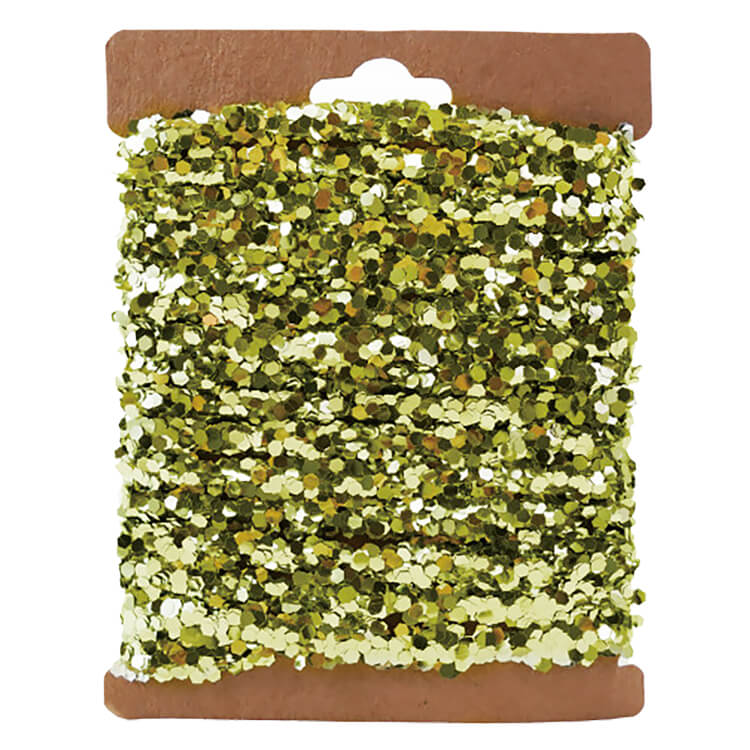 A 120 inch gold finish string glitter garland with shimmering green hexagonal sequins on a kraft card backing