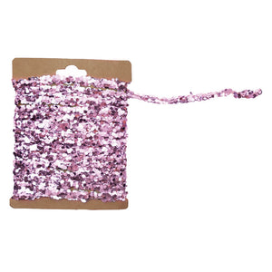 A spool of 120 inch pink string garland with shiny sequined flakes perfect for holiday garlands and christmas garlands