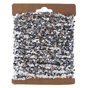 A 120 inch silver finish string glitter garland with hexagonal sequin glitter perfect for holiday garlands and christmas garlands